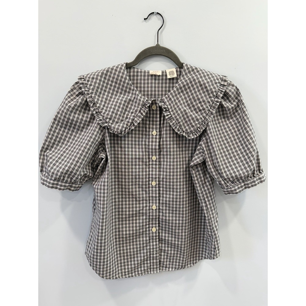 Levi's Vintage Gingham Plaid Peter Pan Collar Puff Sleeve Button Front Top XS